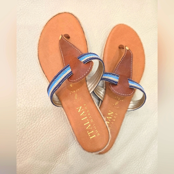 Italian Shoemakers Brown Blue Thong Sandals Leather Flats Size 8 - Picture 1 of 5